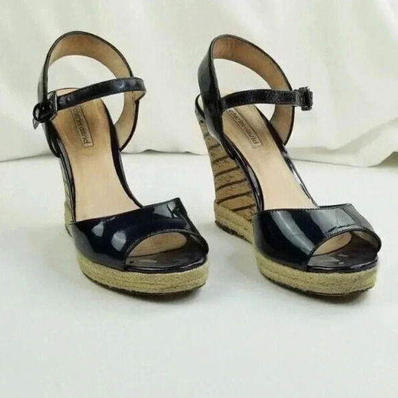 Charles David Size 8 Womens Black Patent Leather Ankle Strap Wedge Heel Peep Toe - Picture 6 of 12